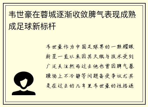 韦世豪在蓉城逐渐收敛脾气表现成熟成足球新标杆 韦世豪在蓉城逐渐收敛脾气表现成熟成足球新标杆