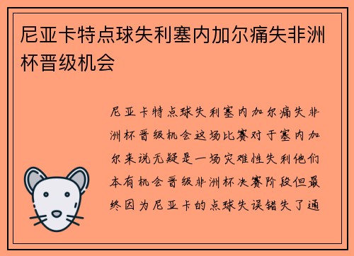 尼亚卡特点球失利塞内加尔痛失非洲杯晋级机会 尼亚卡特点球失利塞内加尔痛失非洲杯晋级机会