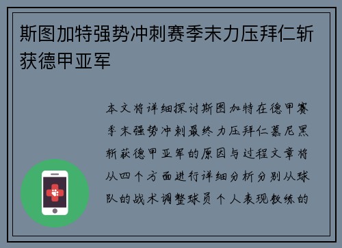 斯图加特强势冲刺赛季末力压拜仁斩获德甲亚军